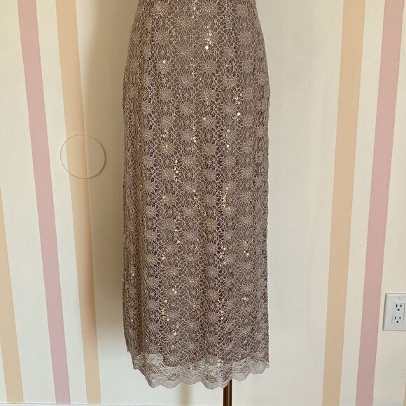 Vintage 90's Cream Knit Lace & Gold Sequin R&M Richards Midi Cocktail Gown Sz 8 - Picture 4 of 13